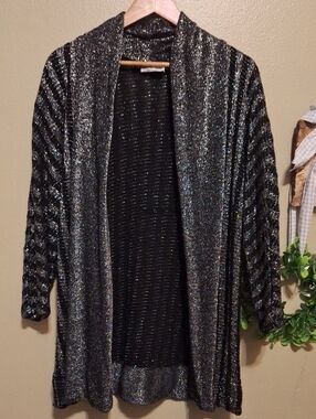 Women’s Black Metallic Open-Front Cardigan with Shimmer